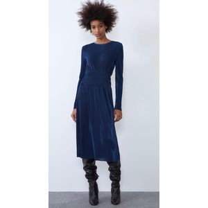 Zara Satin Navy Blue Pleated Dress